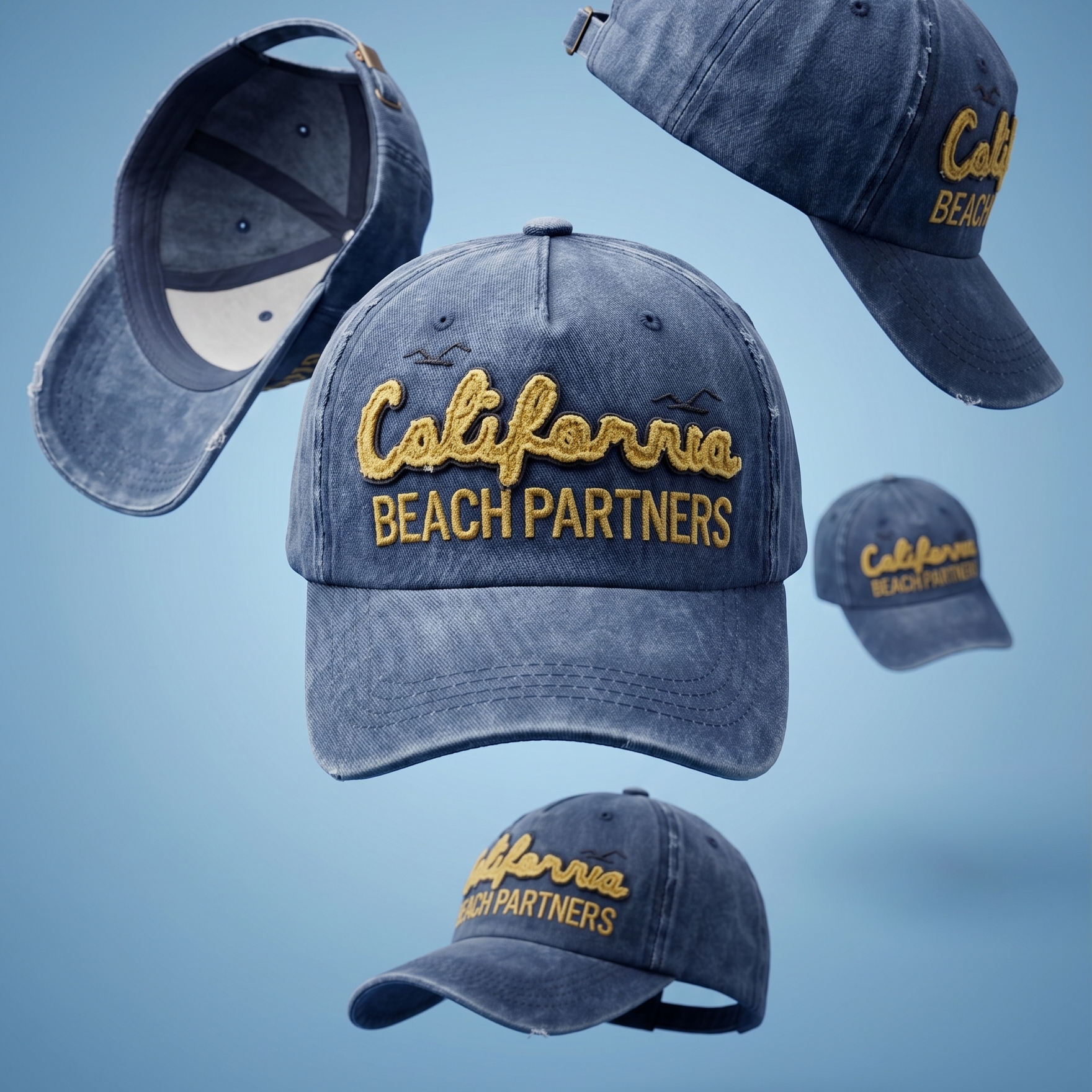 Blue denim caps with 'California Beach Partners' text on a blue background
